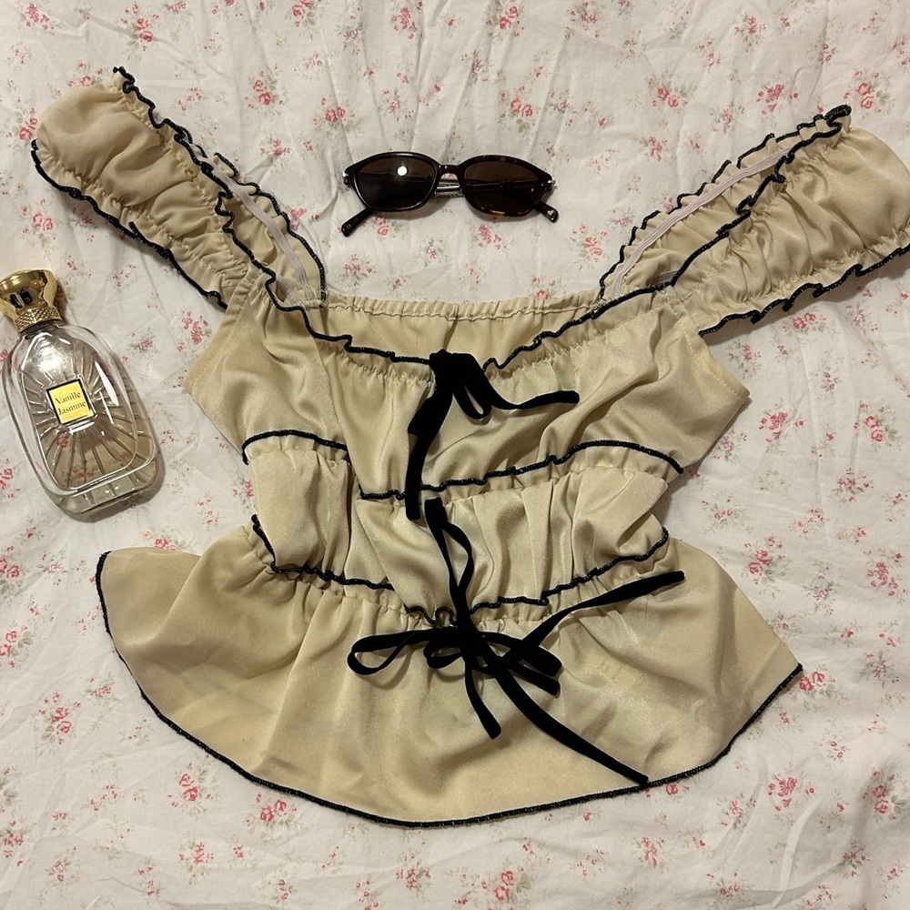 Cider Cream Blouse with Black Trim and long black skirt valentines
